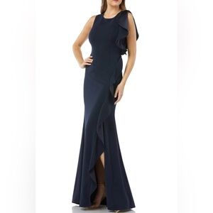 Carmen Marc Valvo Infusion Cascade Ruffle Side Slit Gown Black Sz 8